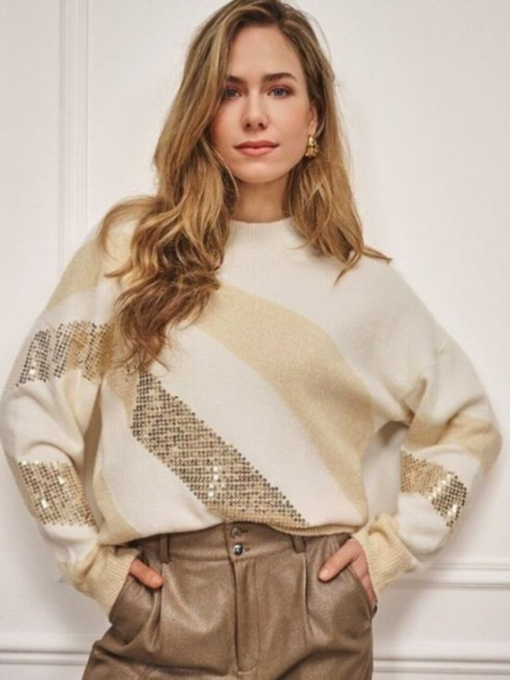 ESQUALO Cream and Beige Sequin Diagonal Stripe Sweater size 2X